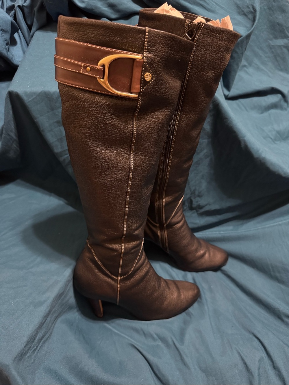 Cole Haan Brown Leather Knee-High Heeled Boots with Gold Buckle